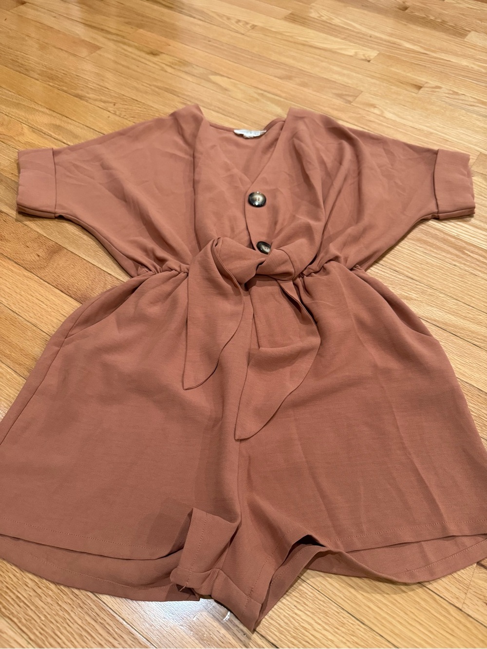 Tie-Front Short Sleeve Romper with Buttons and Tie Waist